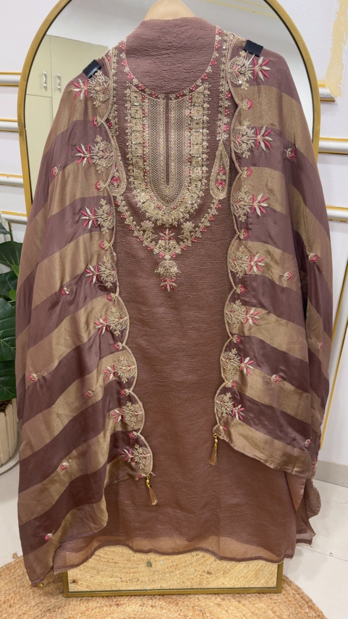 Partywear special designer crushed silk material along with designer scalped dupatta suit material with metallic colour chart GF760